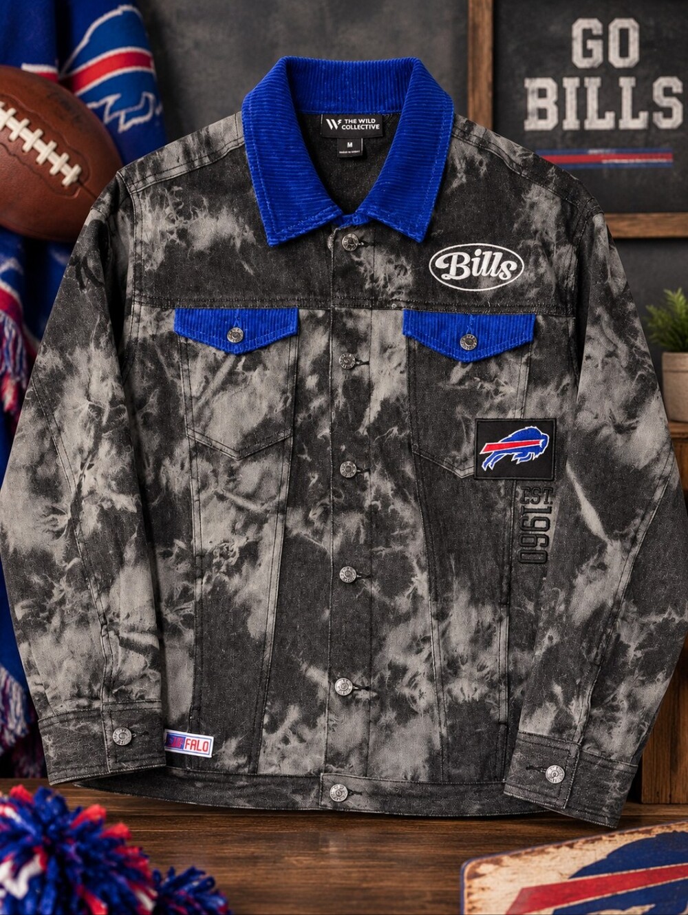 Buffalo Bills The Wild Collective Acid Wash Denim Jacket NWOT M